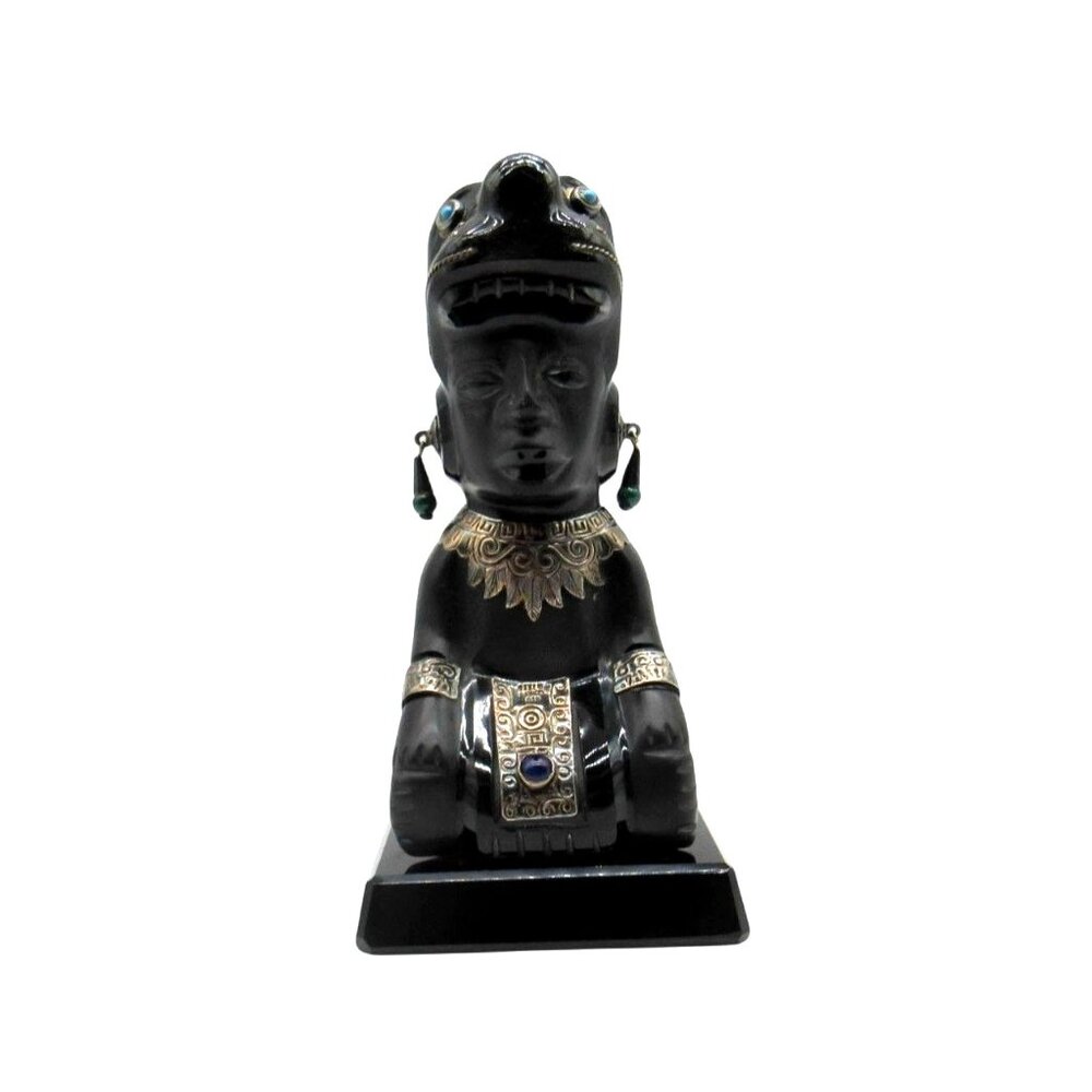 Obsidian Black Stone Sculpture with 925 Silver Accents Taxco Mexico Vintage